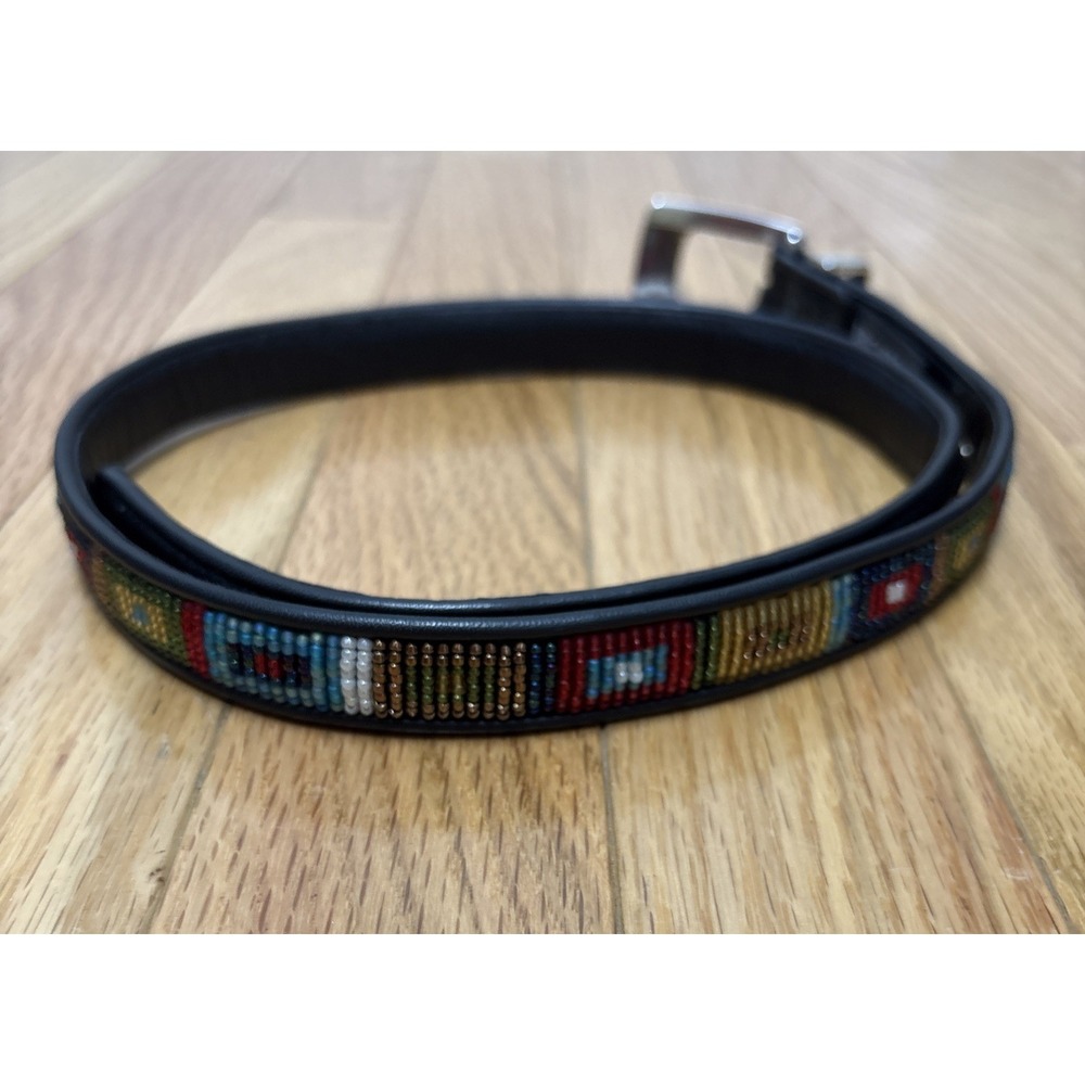 BRIGHTON Womens Beaded Black Leather Skinny Belt Tribal Festival Silver Buckle - Picture 2 of 8